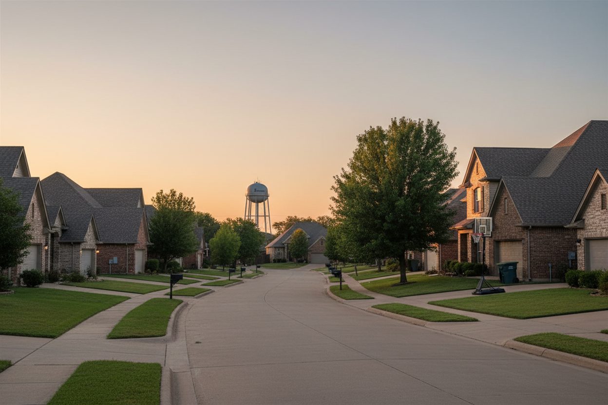 An Owasso Oklahoma neighborhood street at dusk with newer shingle rooftops and a water tower in the distance
