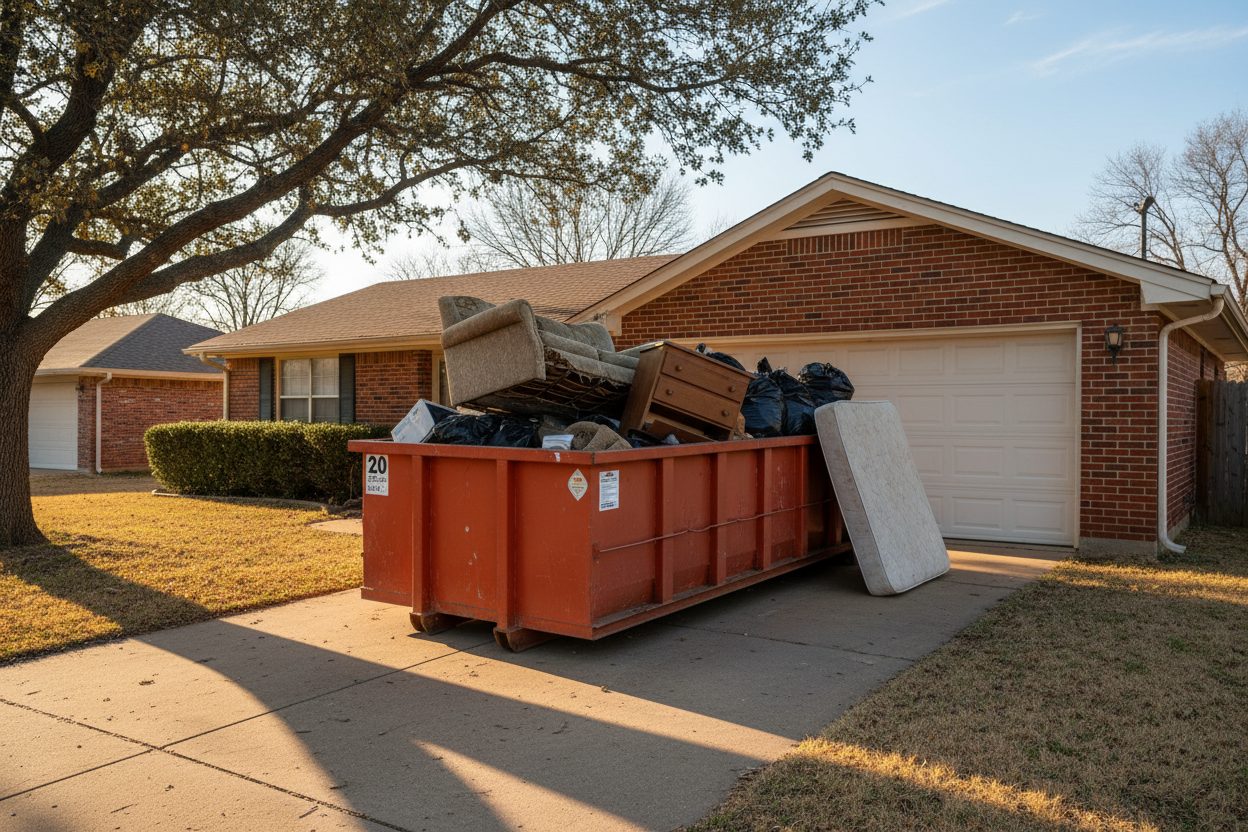 A 20 yard roll-off dumpster mid-load during an estate cleanout with a sofa, dresser, and mattress on a Tulsa driveway