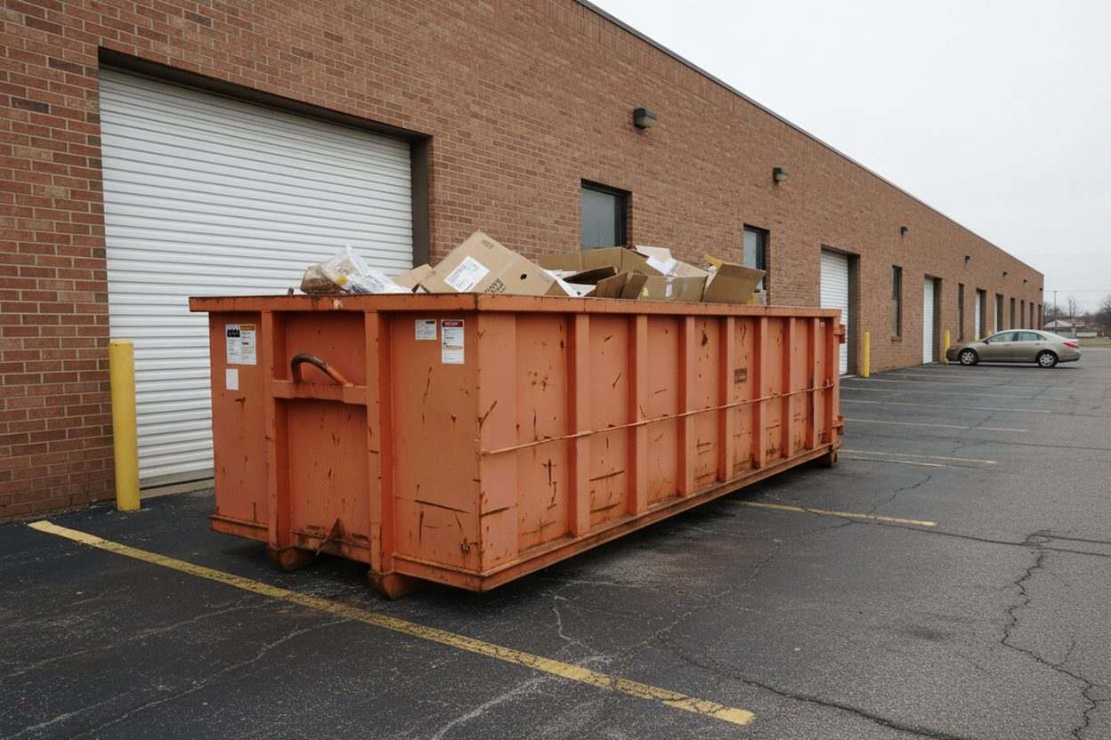 A 30 yard roll-off dumpster with flattened cardboard behind a brick retail building near a loading dock