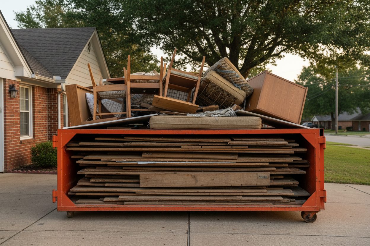 A roll-off mid-load: flat boards on the floor, bulky items broken down, load level with the rail
