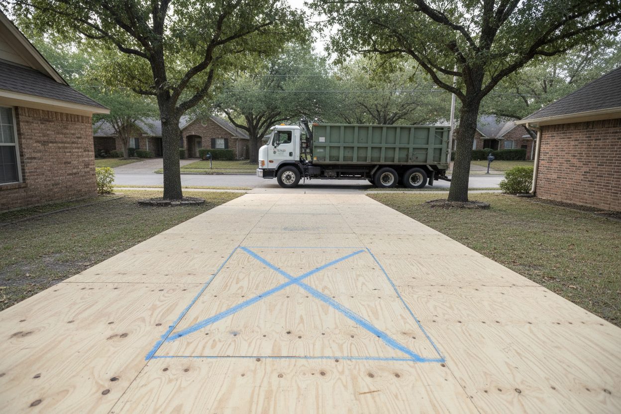 A cleared Tulsa driveway with plywood laid down and a marked drop spot as the roll-off truck arrives