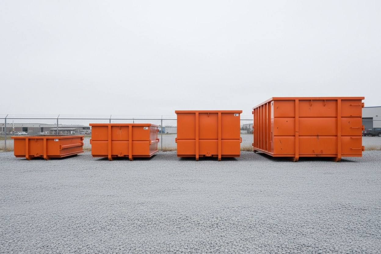 Four orange roll-off dumpsters of increasing size lined up in a row